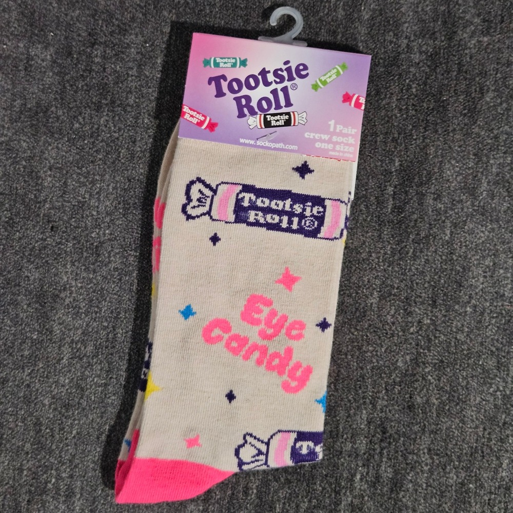 Tootsie Roll Eye Candy Novelty Crew Socks One Size Cream Pink Purple New